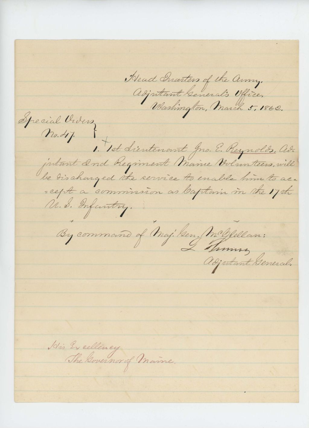 Miniature of Major General McClellan requests transfer of Lieutenant John E. Reynolds to Captain in the 17th U.S. Infantry