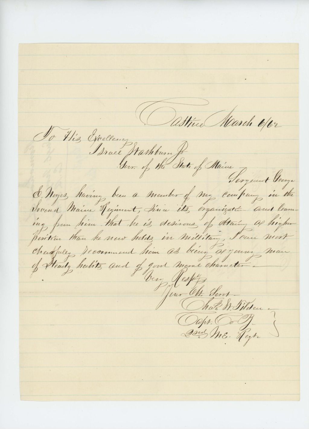 Miniature of Captain Charles Tilden recommends Sergeant George E. Noyes for promotion