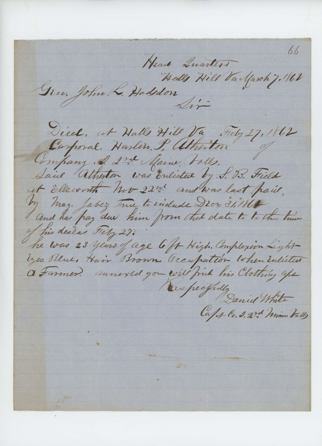 Miniature of Captain Daniel White submits clothing account of the late Harlen P. Atherton