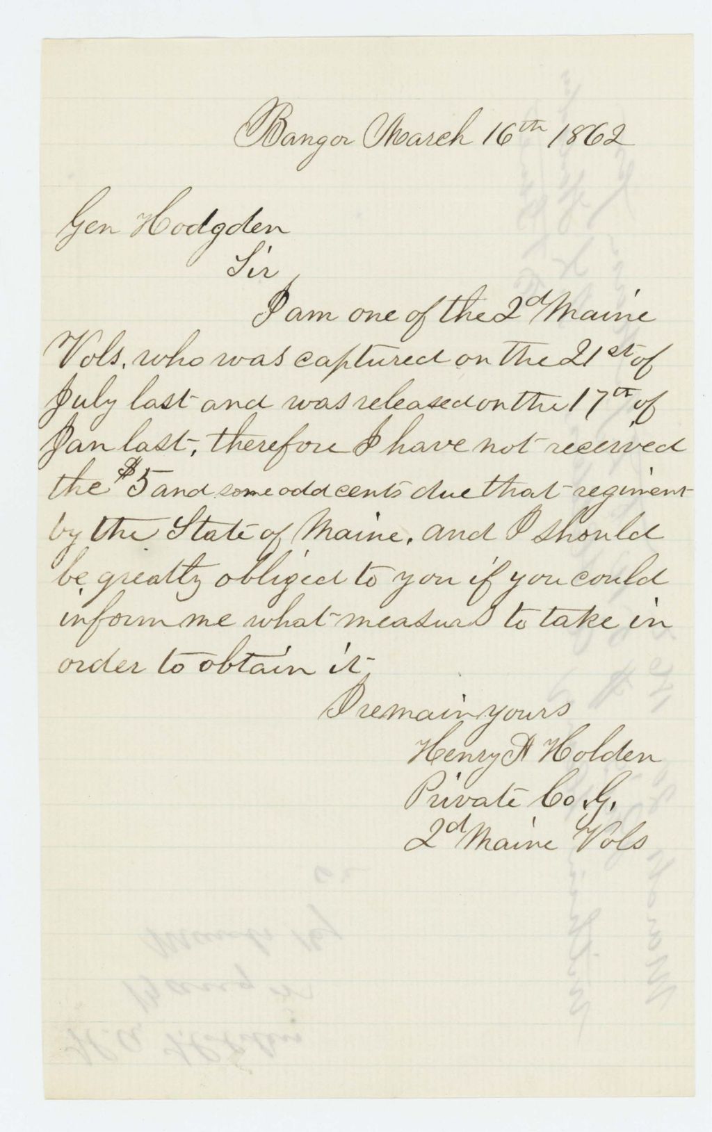 Miniature of Henry A. Holden requests back pay after his release from Confederate prison