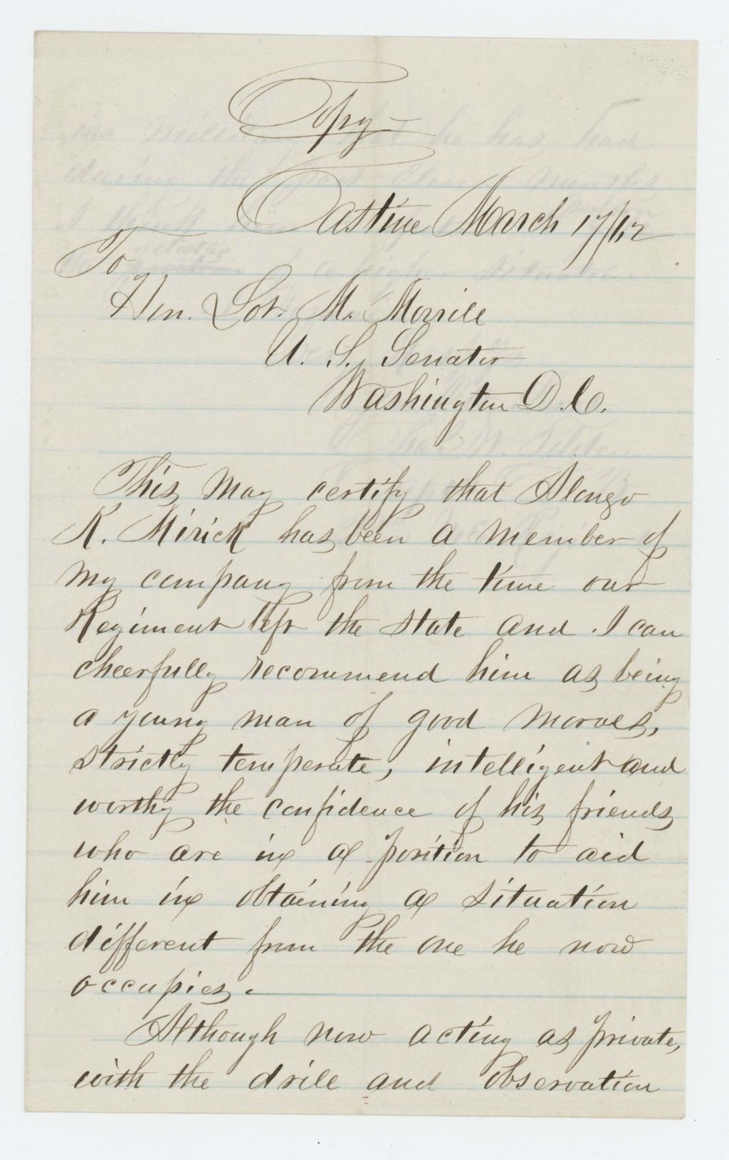 Miniature of Captain Charles Tilden recommends Private Alonzo K. Mirick [Myrick?] for promotion