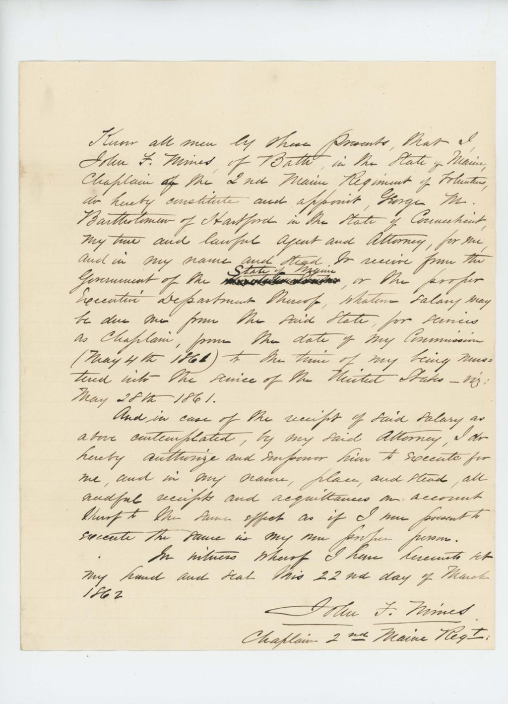 Miniature of Chaplain John F. Mines gives power of attorney to G.H. Bartholemew