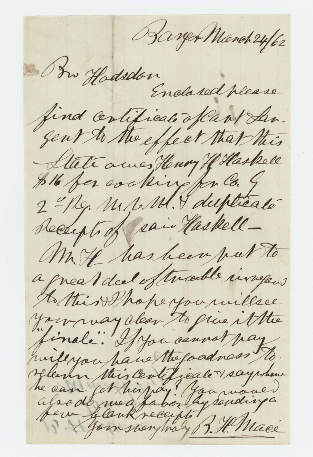 Miniature of B.H. Mace forwards receipts for cooking services of Henry H. Haskell to Adjutant General Hodsdon