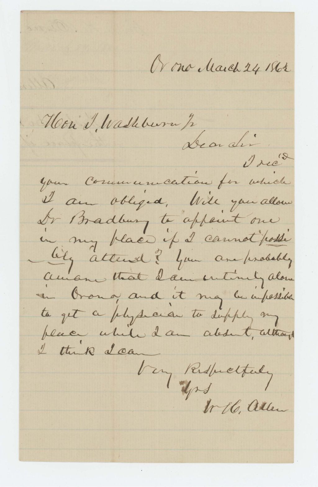 Miniature of Dr. Allen writes to Governor Washburn regarding his appointment