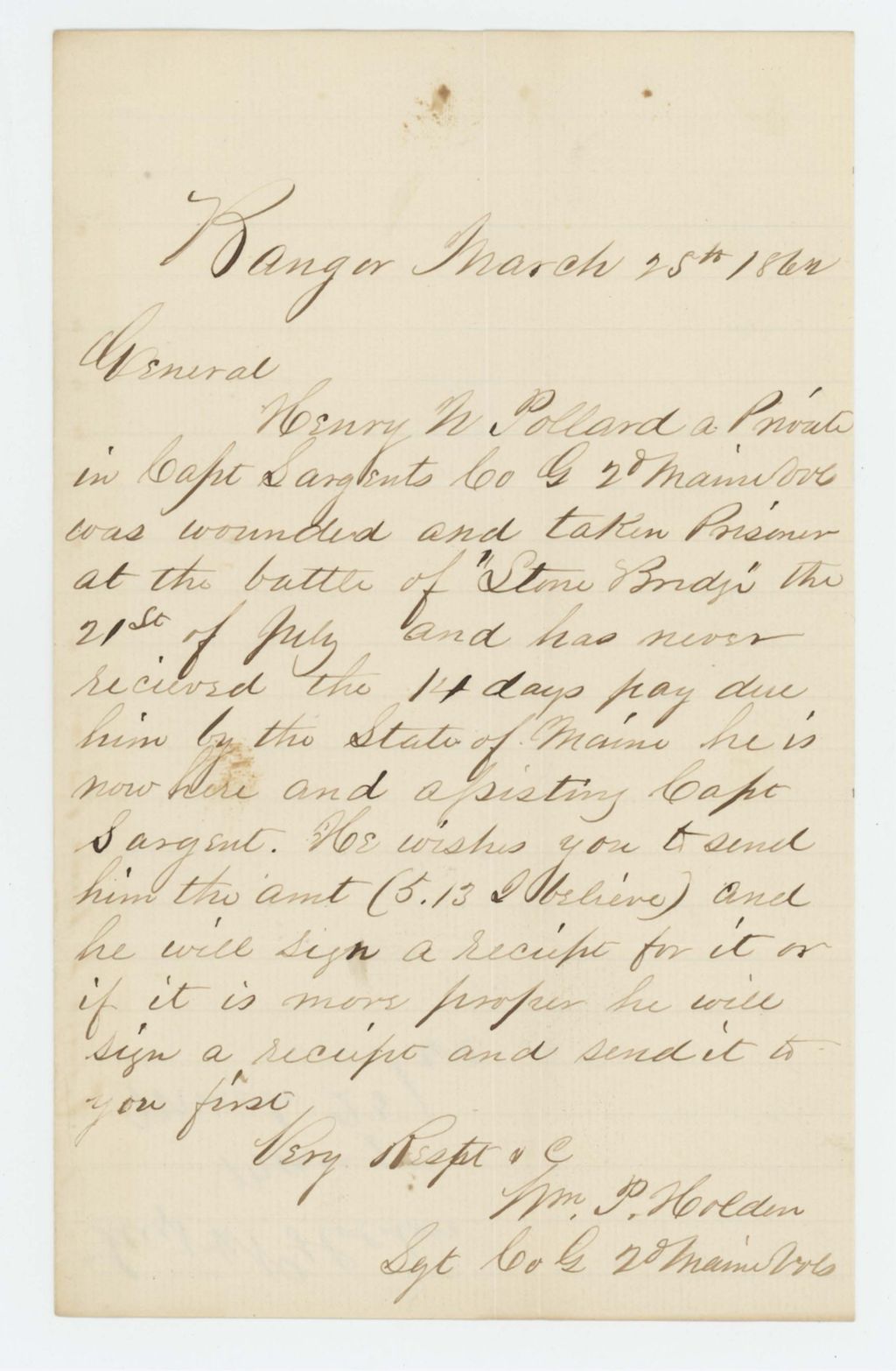 Miniature of Sergeant William P. Holden requests payment for Henry W. Pollard