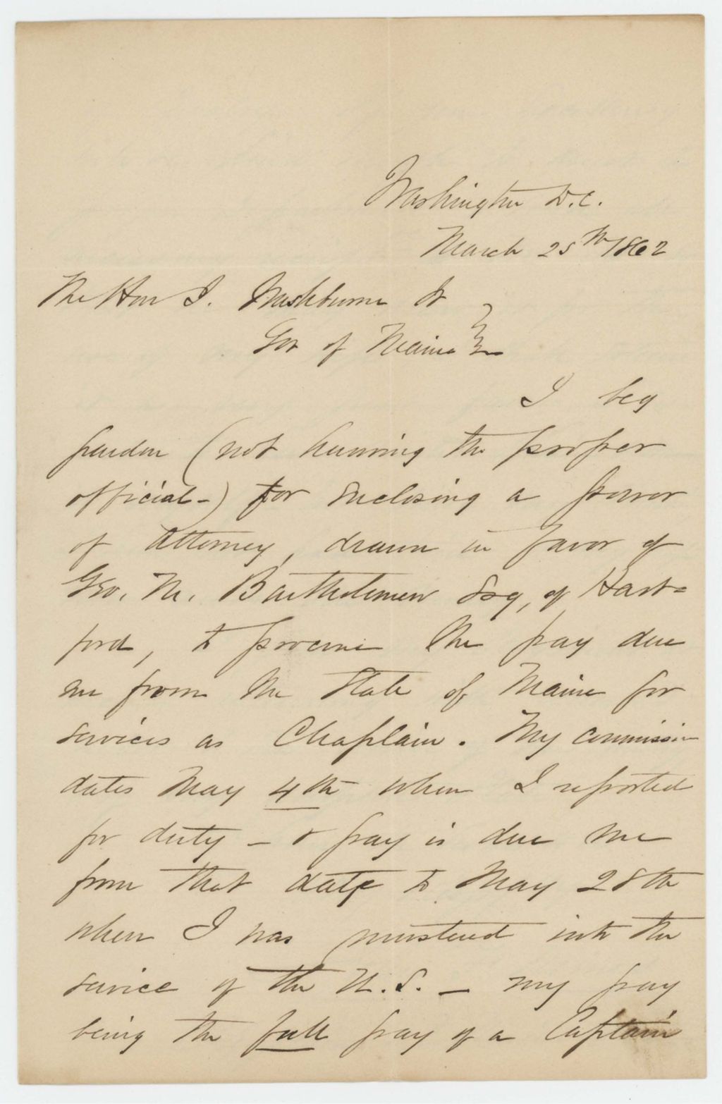 Miniature of Chaplain John F. Mines writes to Governor Washburn regarding Mines' power of attorney