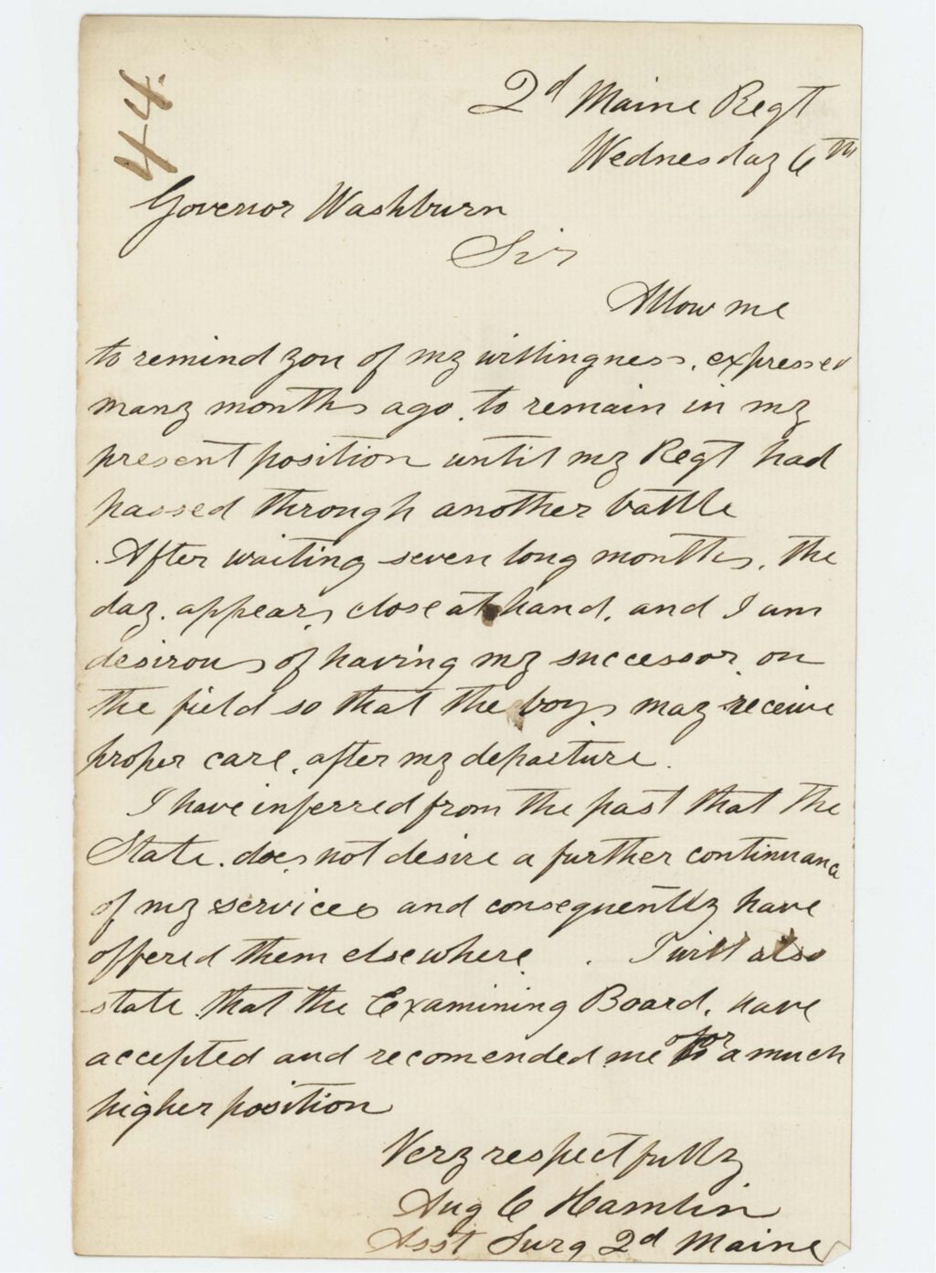 Miniature of Augustus C. Hamlin states he has offered his services elsewhere