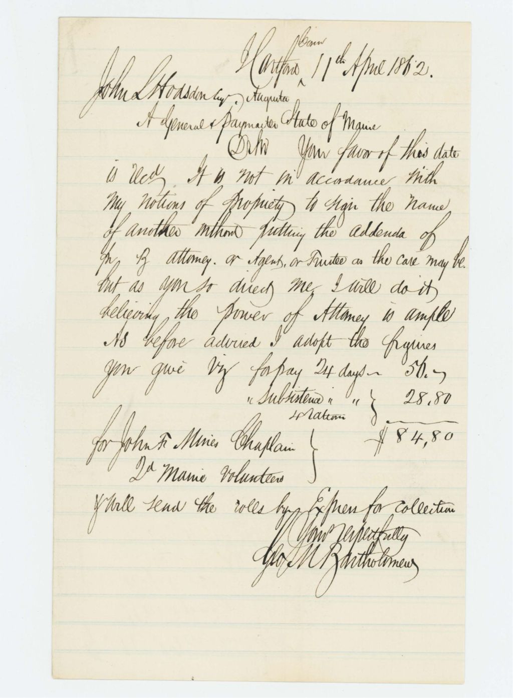 Miniature of G.H. Bartholemew requests pay for Chaplain John F. Mines