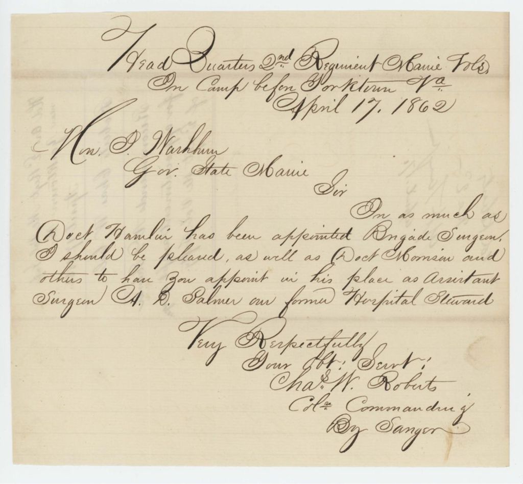 Miniature of Colonel Charles Roberts requests appointment of A.D. Palmer as Assistant Surgeon