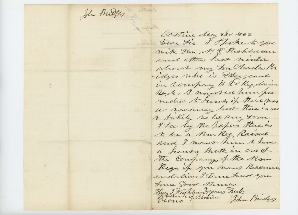 Miniature of John Bridges writes to Governor Washburn asking about a lieutenancy for his son Charles