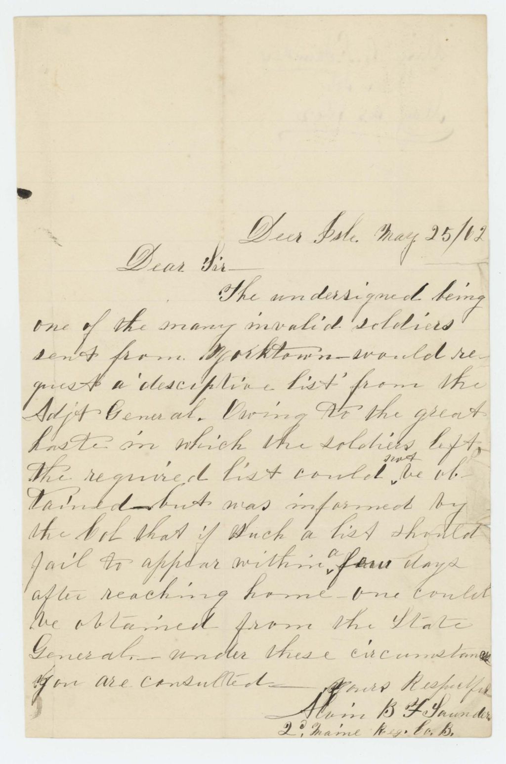Miniature of Alvin Saunders inquires about a missing descriptive list