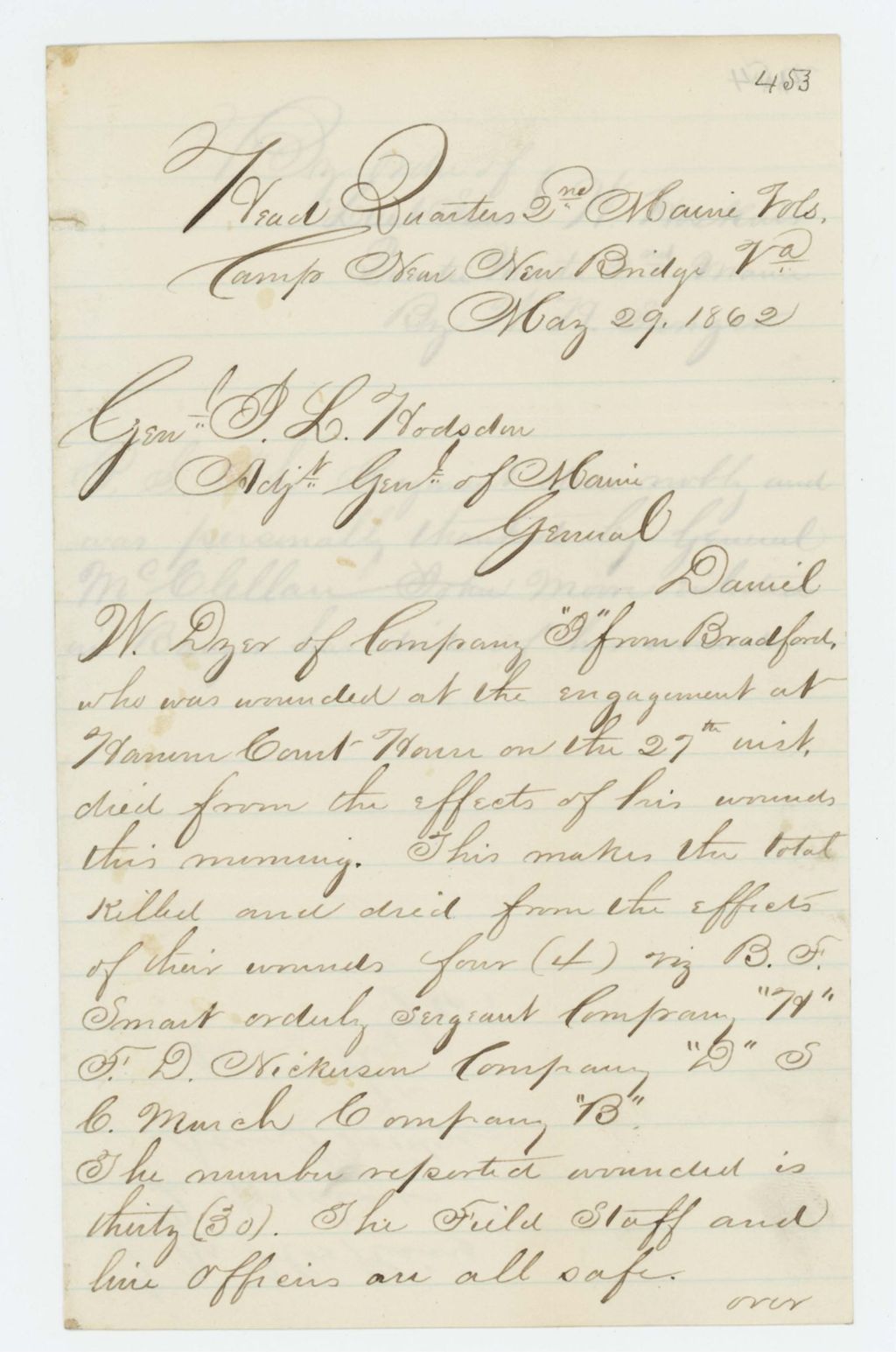 Miniature of Lieutenant Samuel W. Hoskins reports the death of Daniel Dyer and others