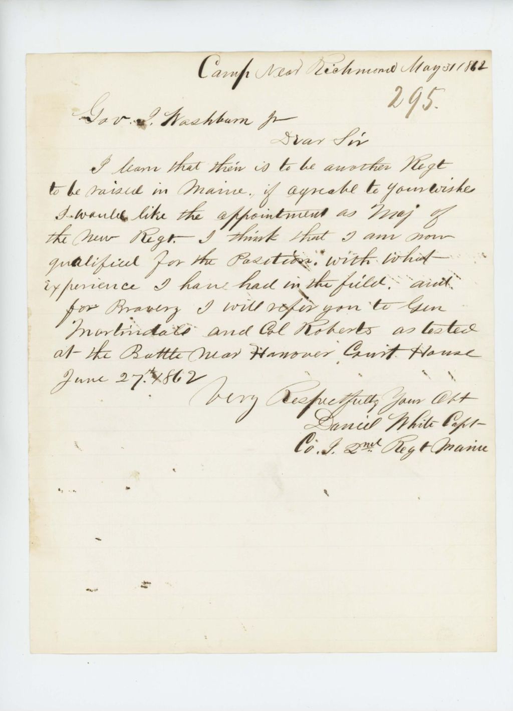 Miniature of Captain Daniel White requests position as Major in a new regiment