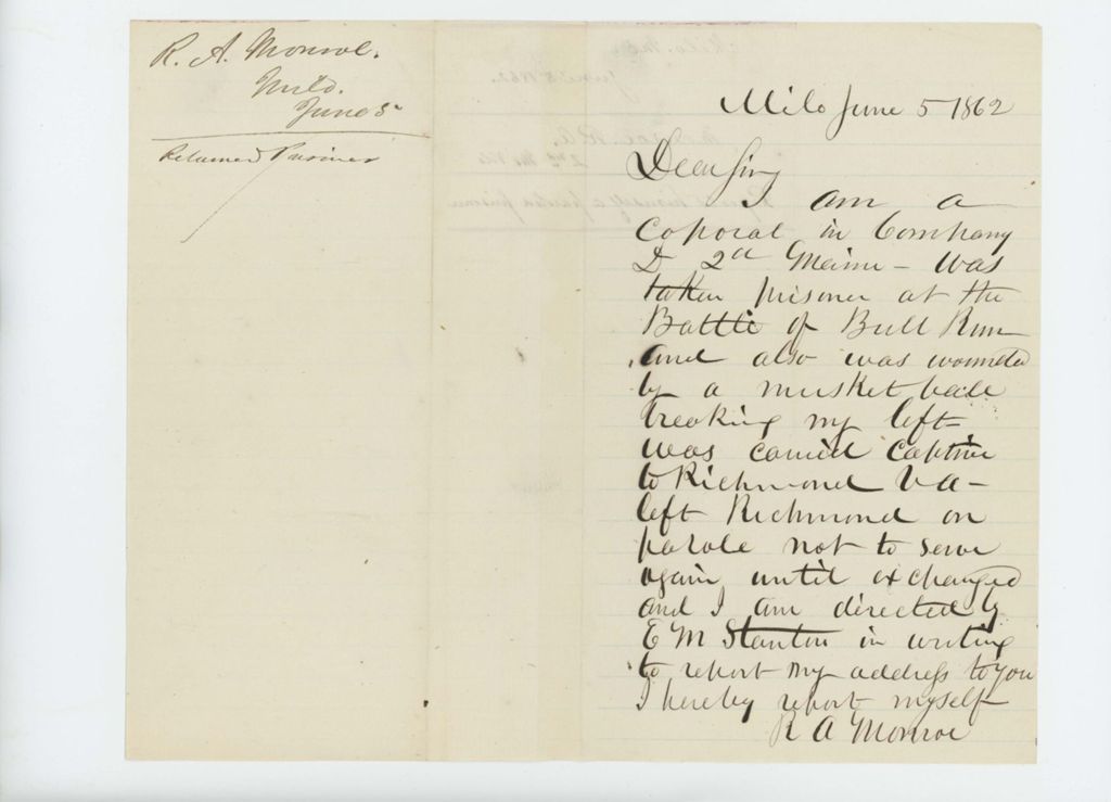 Miniature of R.A. Monroe reports himself as a paroled prisoner