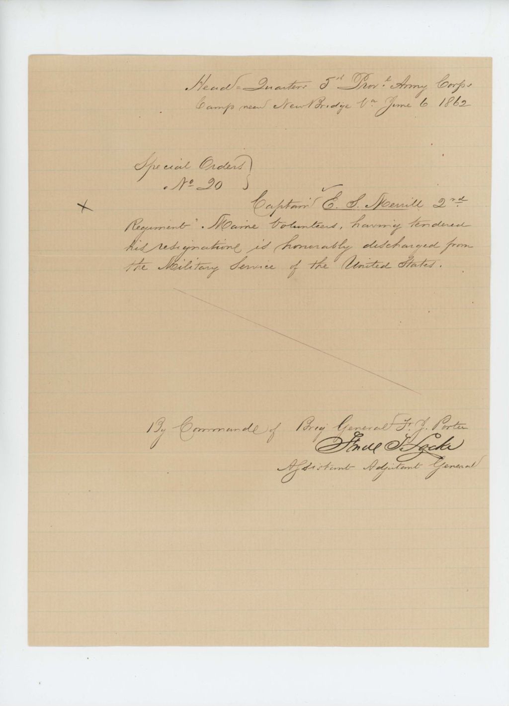 Miniature of Honorable discharge of Captain E.S. Merrill