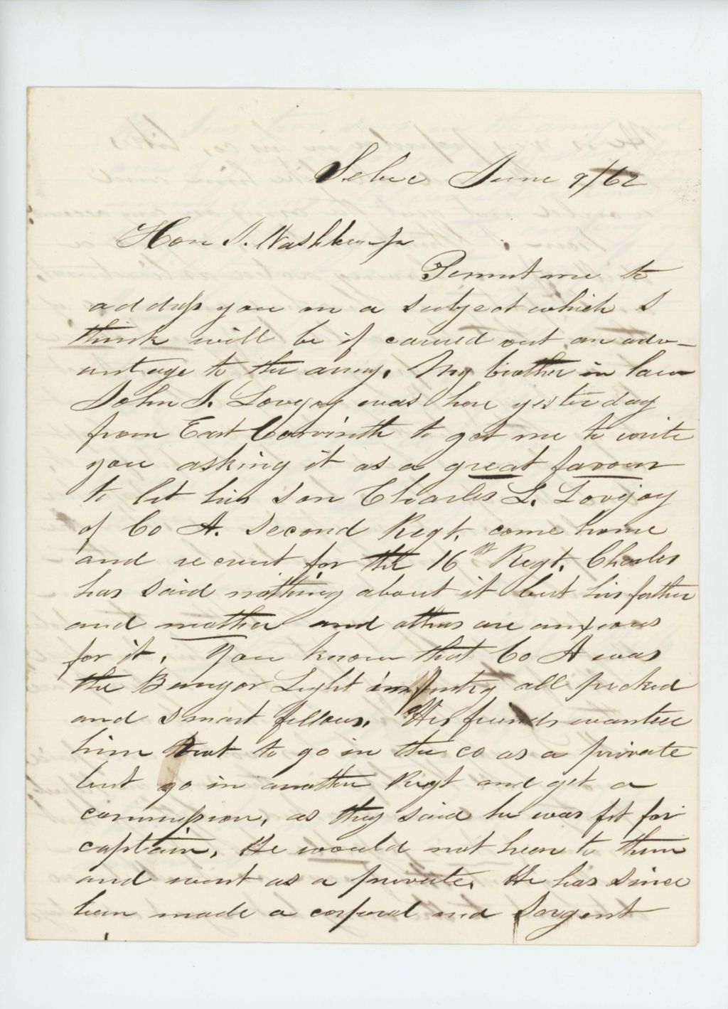 Miniature of John H. Gilman recommends Charles L. Lovejoy of the 2nd Maine Regiment for a commission in the 16th Maine Regiment