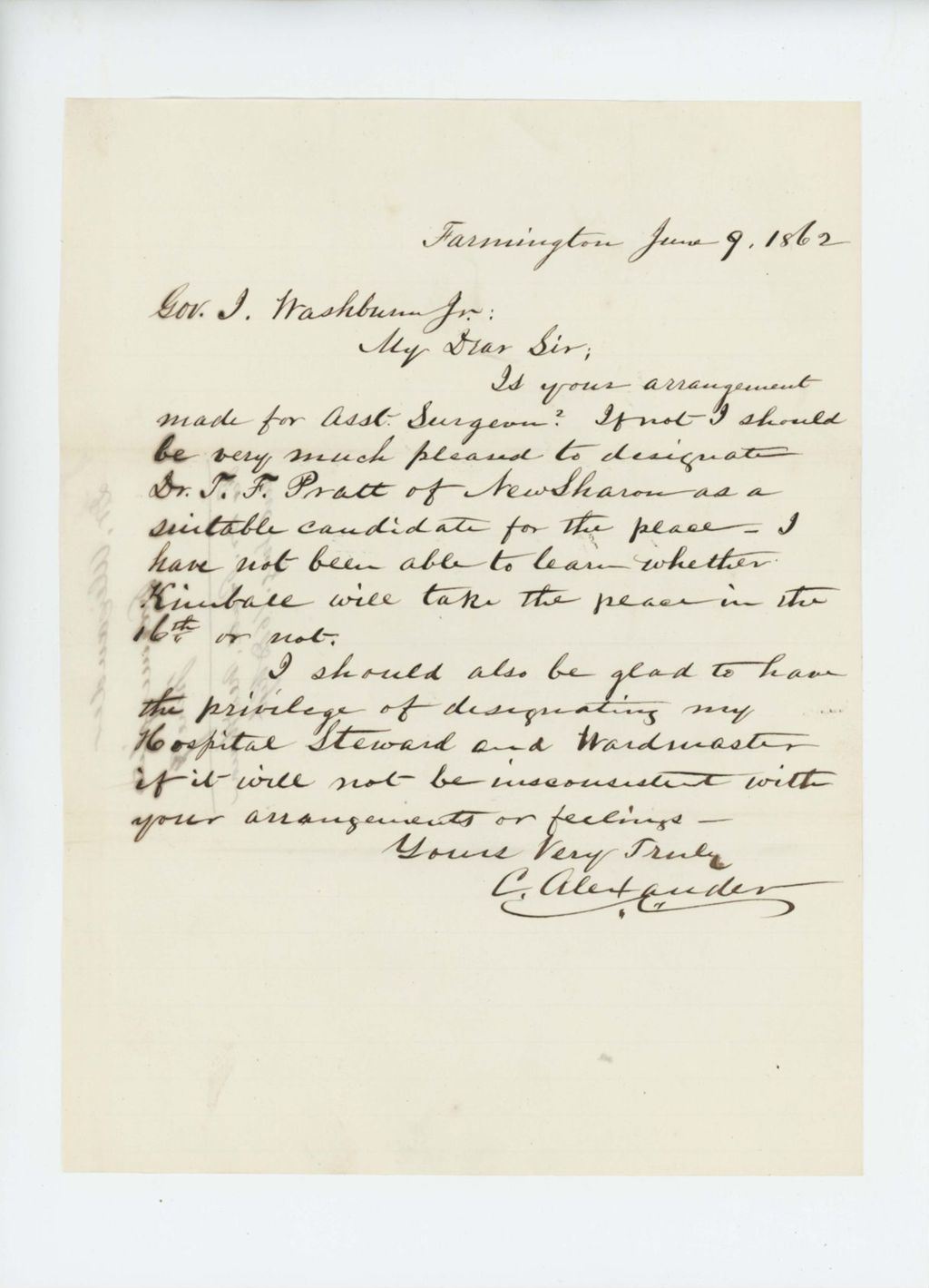 Miniature of Dr. C. Alexander recommends C.F. Pratt for assistant surgeon
