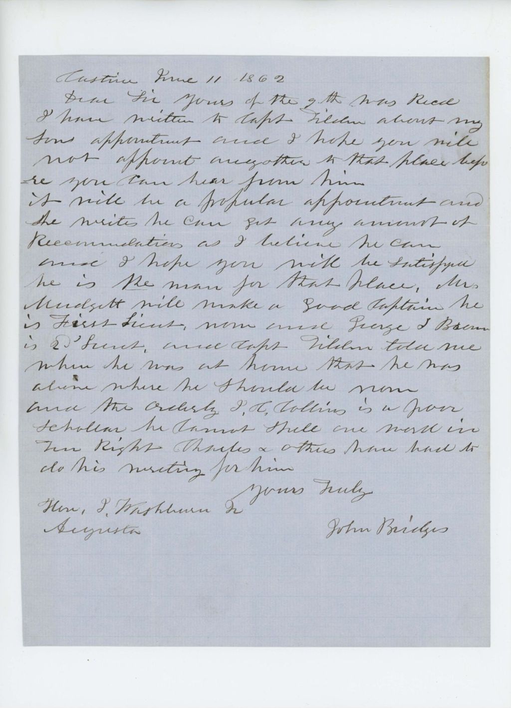 Miniature of John Bridges of Castine again requests a commission for his son