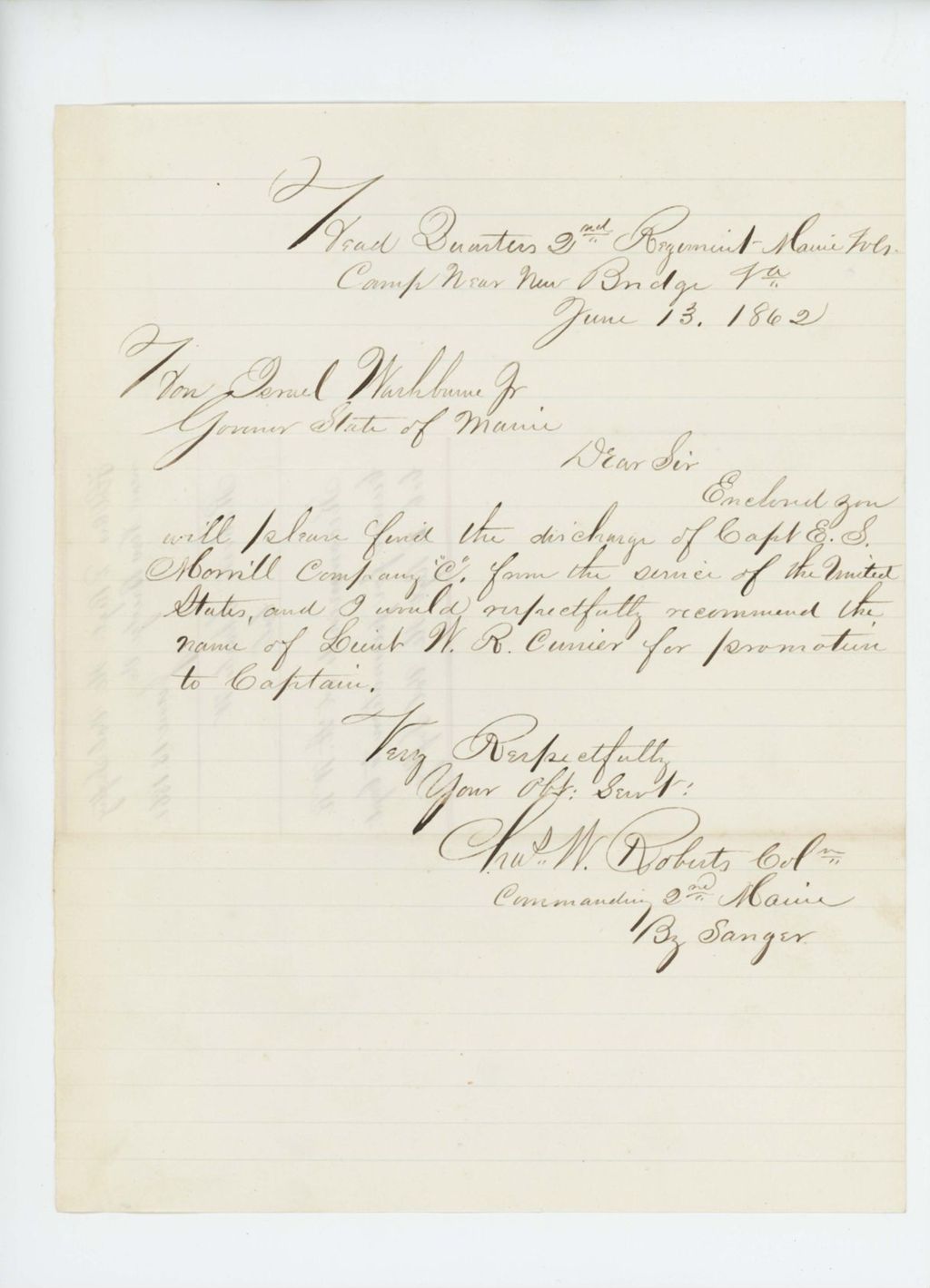 Miniature of Colonel Charles W. Roberts recommends W.R. Currier for promotion to Captain