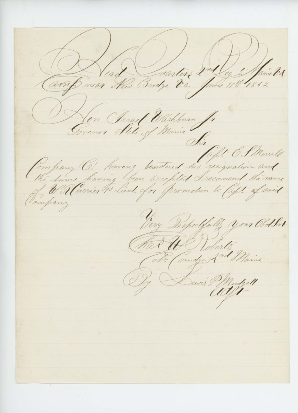 Miniature of Colonel Charles Roberts recommends W.R. Currier for promotion