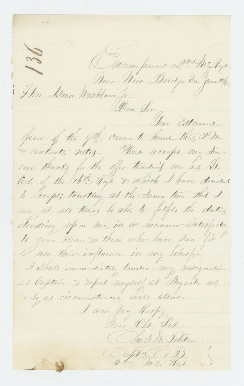 Miniature of Captain Charles Tilden accepts the position of Lt. Colonel in the 16th Maine Regiment