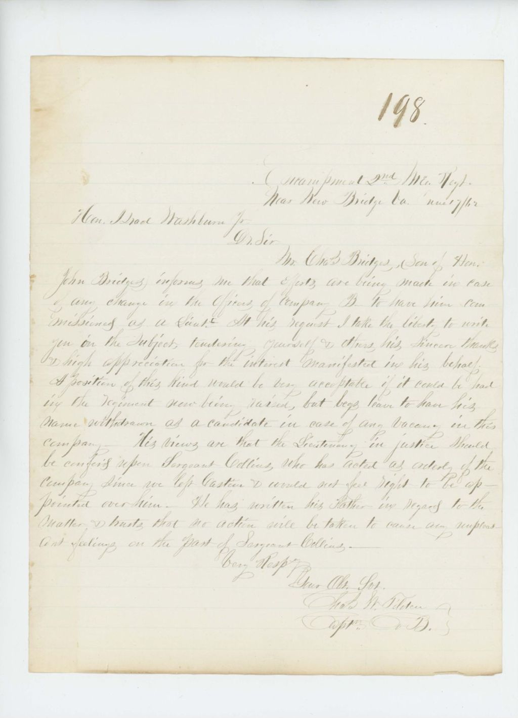 Miniature of Captain Charles Tilden writes on behalf of Charles Bridges