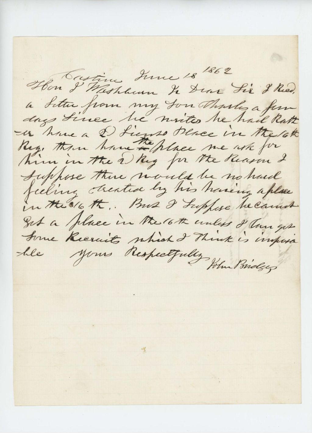 Miniature of John Bridges of Castine writes that his son Charles prefers a commission in the 16th Regiment
