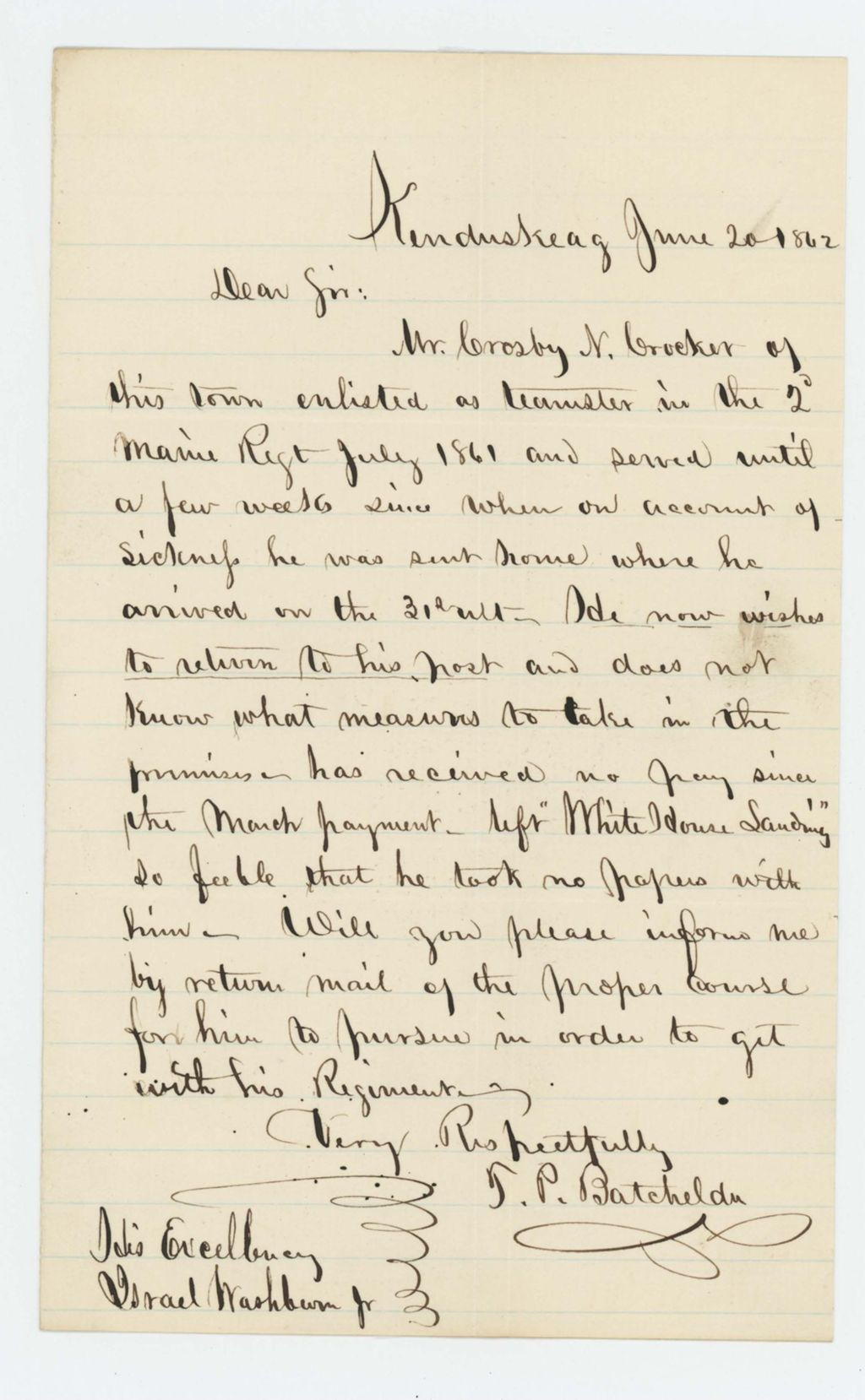 Miniature of T.P. Batchelder requests information to assist Crosby Crocker in his return to his regiment