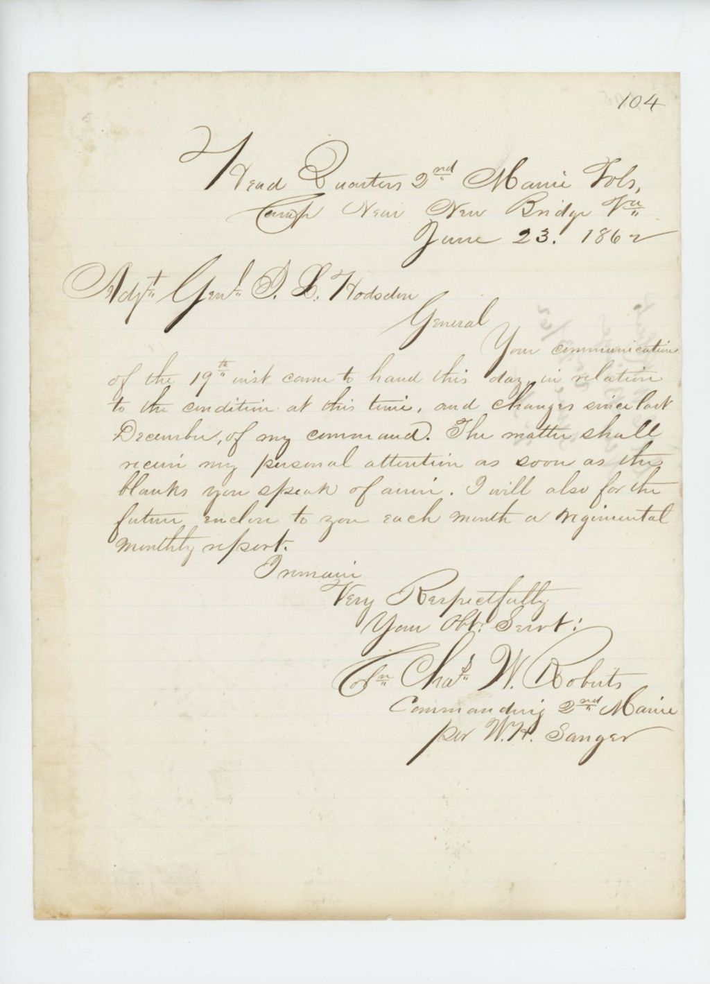 Miniature of Colonel Charles Roberts responds to Adjutant General Hodsdon's inquiries