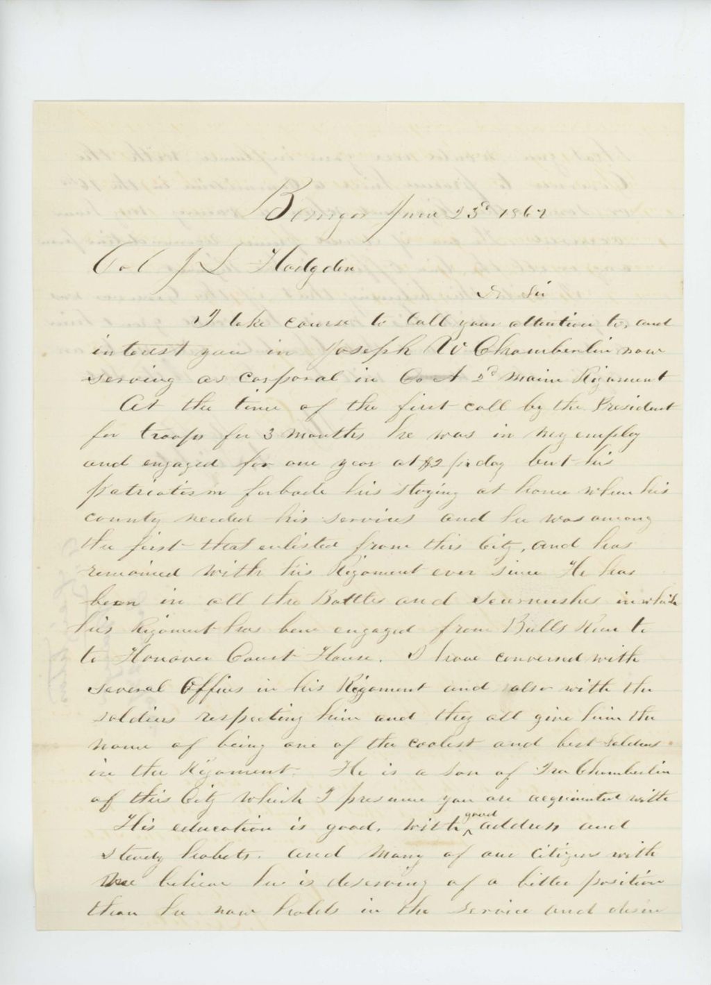 Miniature of A. Leighton recommends Joseph Chamberlain for a commission in the 16th Regiment