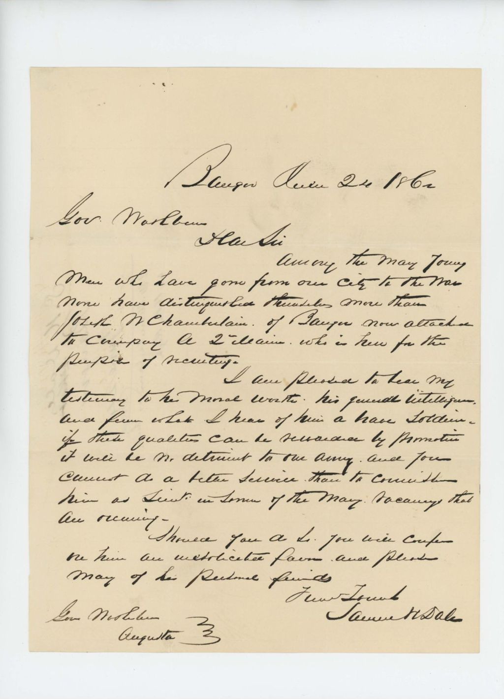 Miniature of Samuel H. Dale recommends Joseph Chamberlain for commission in the 16th Regiment