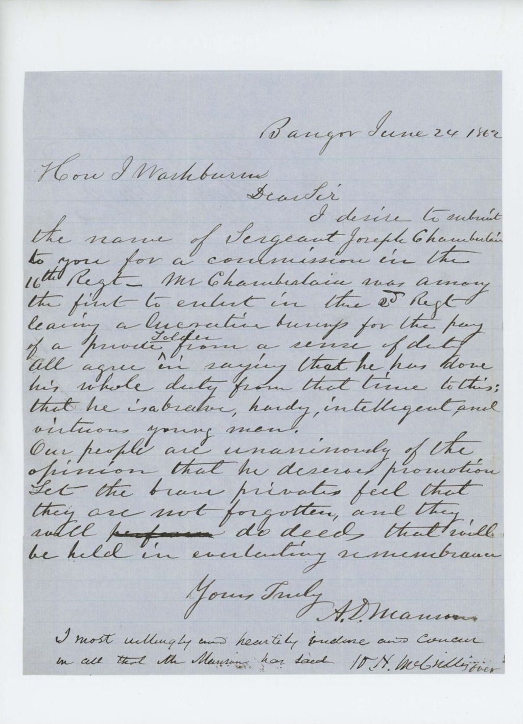 Miniature of A.D. Manson and others request a commission for Joseph Chamberlain in the 16th Regiment