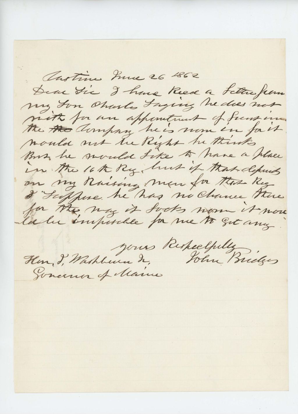 Miniature of John Bridges writes again regarding a commission for his son Charles