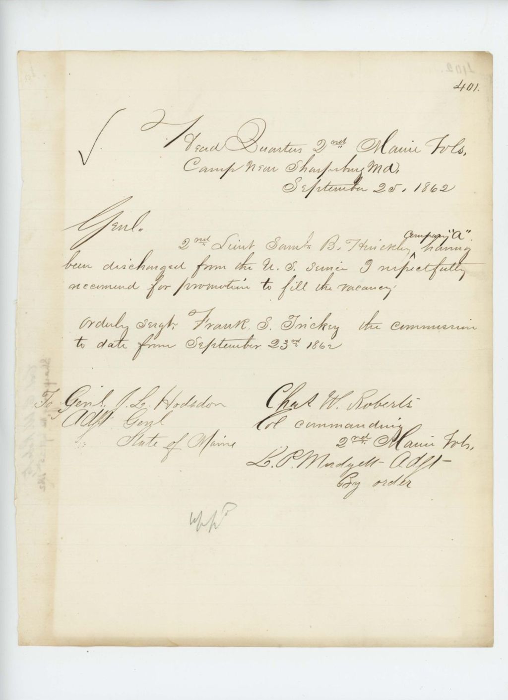 Miniature of Colonel Charles Roberts recommends orderly sergeant Frank S. Trickey for commission