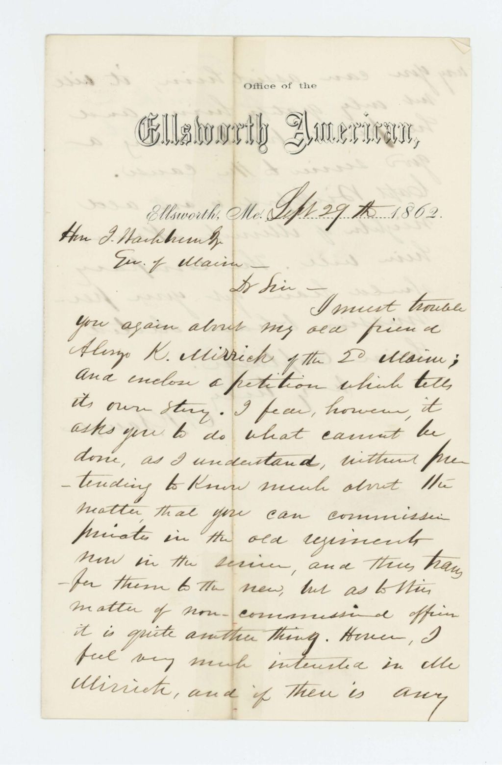 Miniature of N.K. Sawyer recommends A.K. Mirick [Myrick?] for position in a new regiment