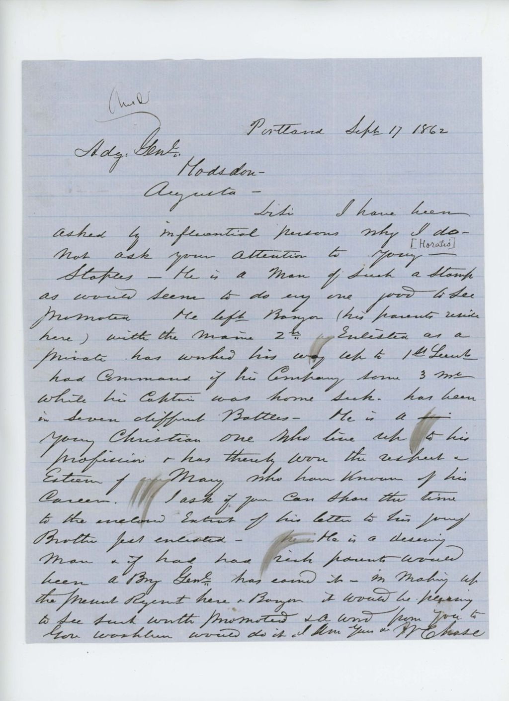 Miniature of W. Chase recommends Horatio Staples for promotion