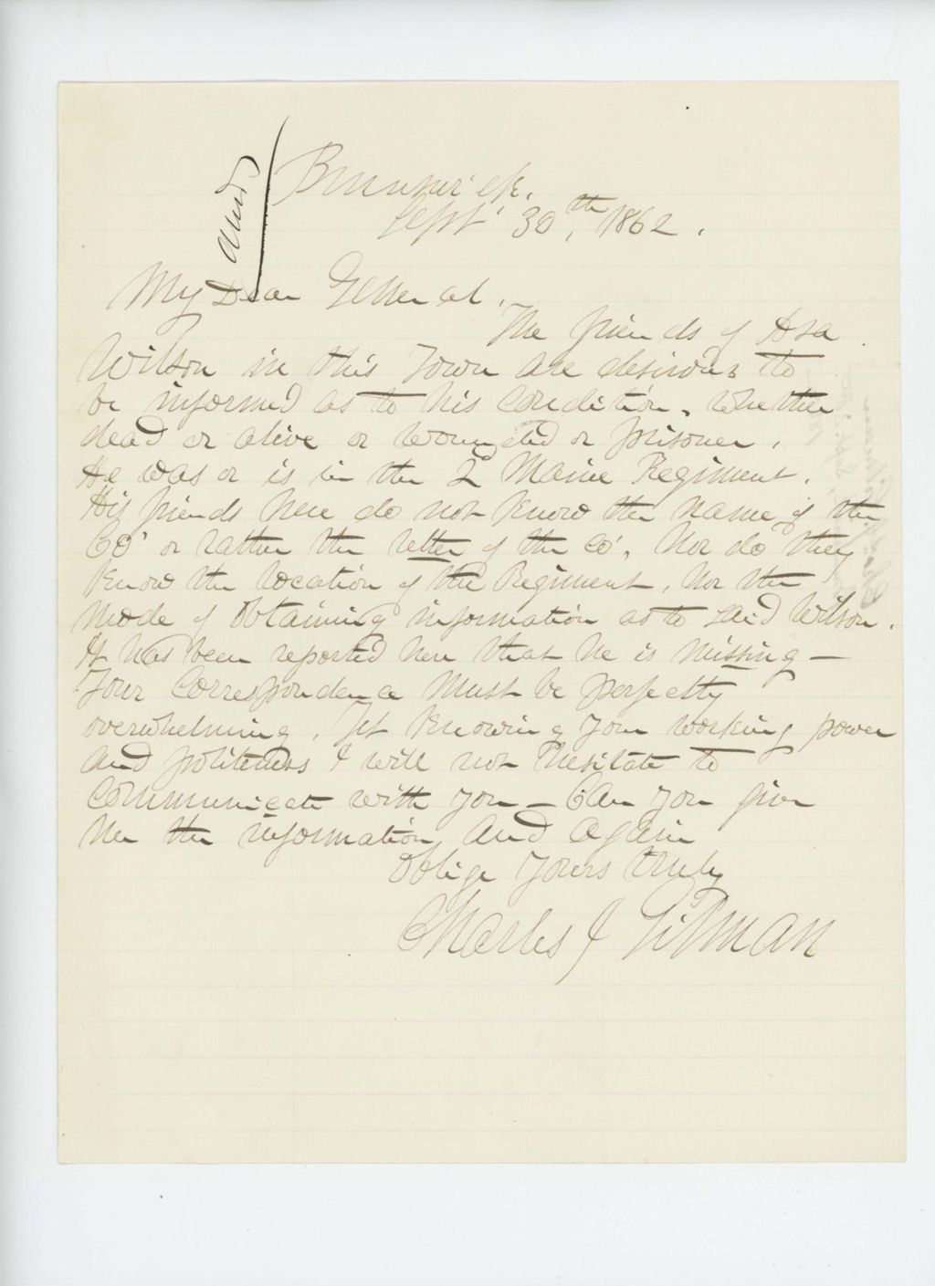 Miniature of Charles Gilman requests information on the welfare of Asa Wilson