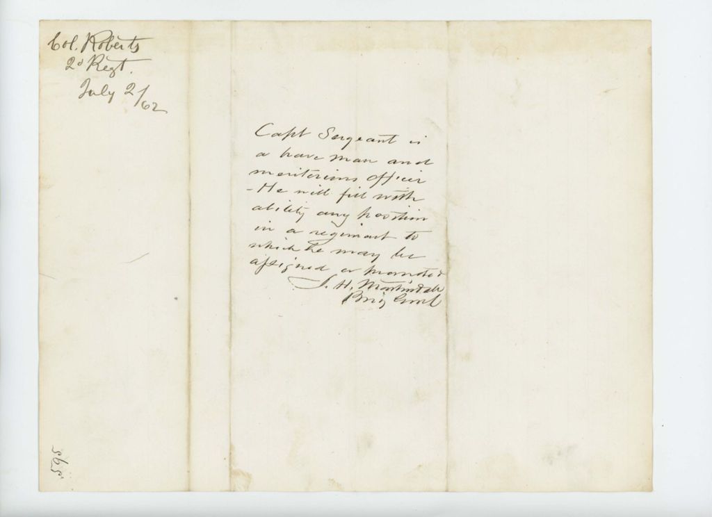 Miniature of Brigadier General J.H. M[?] recommends Captain Sargeant for promotion