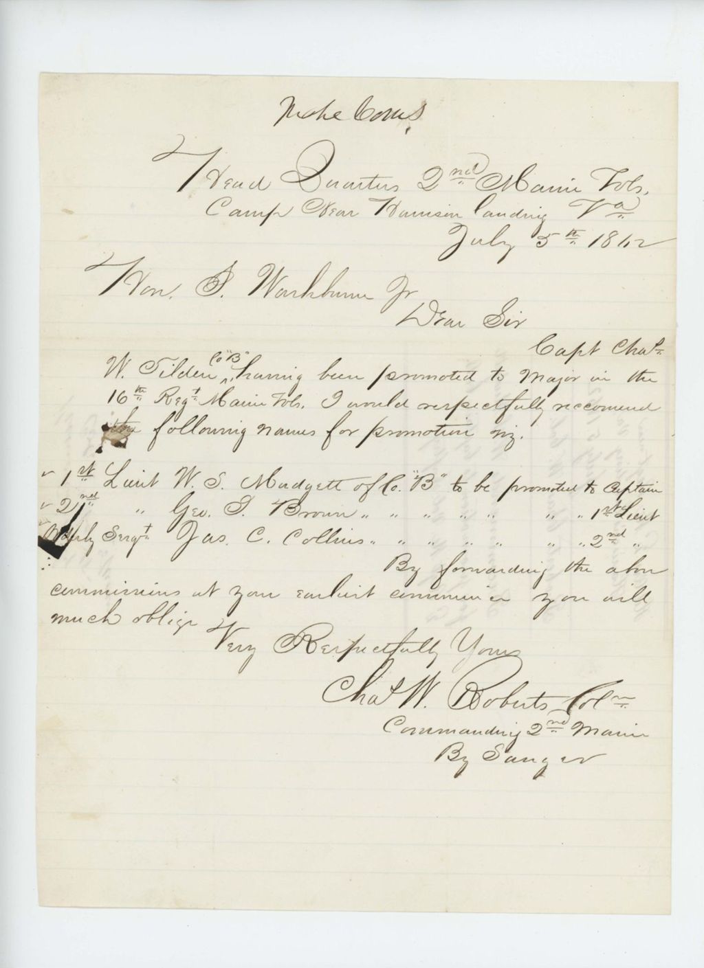 Miniature of Colonel Charles Roberts recommends W.S. Mudgett, George Brown, and Jas. C. Collins for promotion