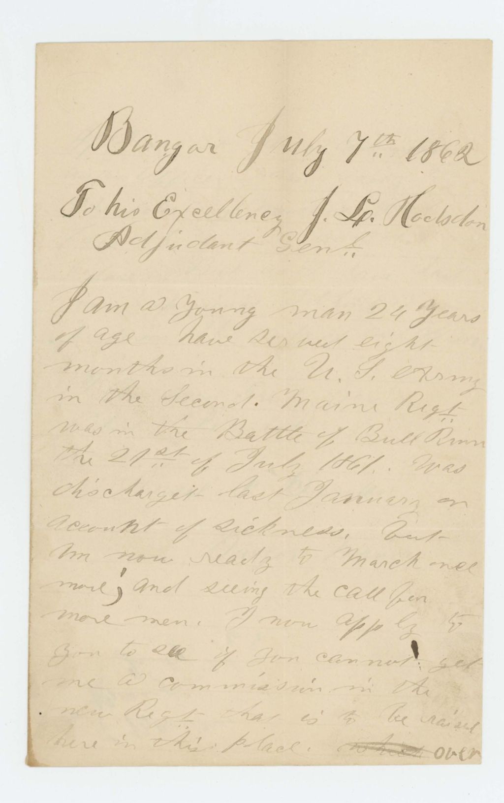 Miniature of A. F. Barden wishes to return to duty in a new regiment