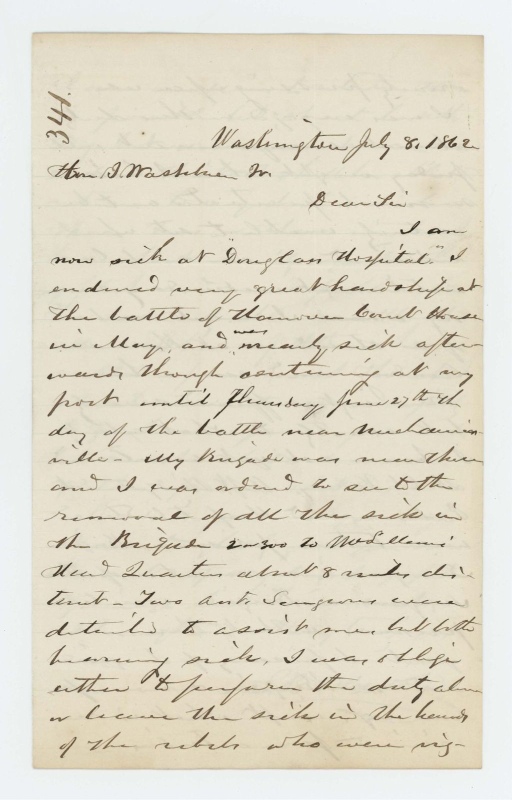 Miniature of Dr. S.B. Morrison writes to Governor Washburn that he is very ill in Douglas Hospital