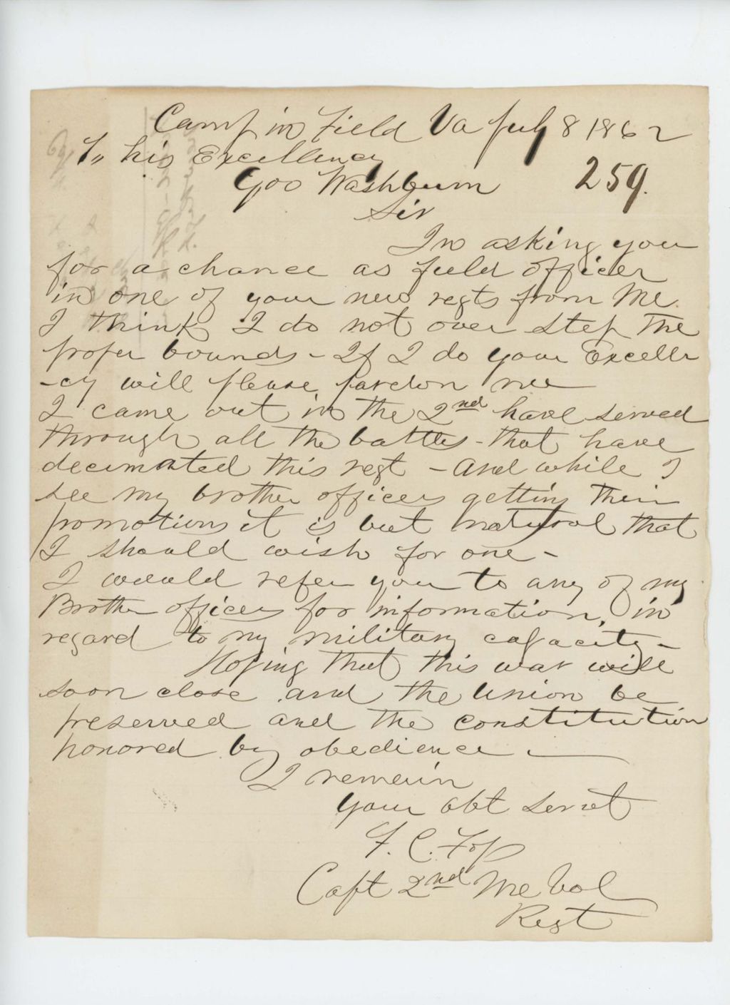 Miniature of Captain Fernando C. Foss requests a commission as a field officer in a new regiment