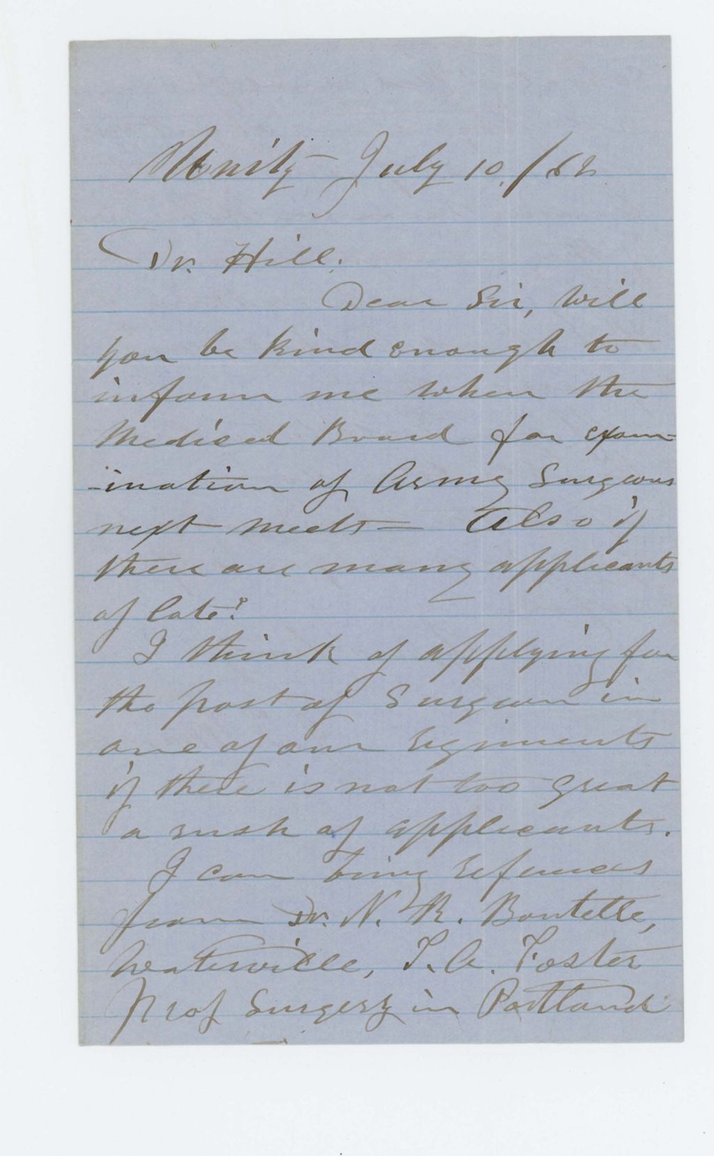 Miniature of Dr. Main of Unity inquires about a surgeon's post in the regiment