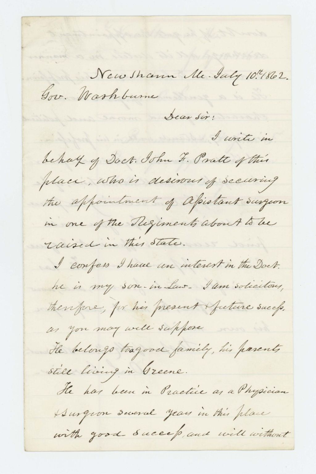 Miniature of O.L. Currier of New Sharon, Maine recommends Dr. John F. Pratt for position as surgeon
