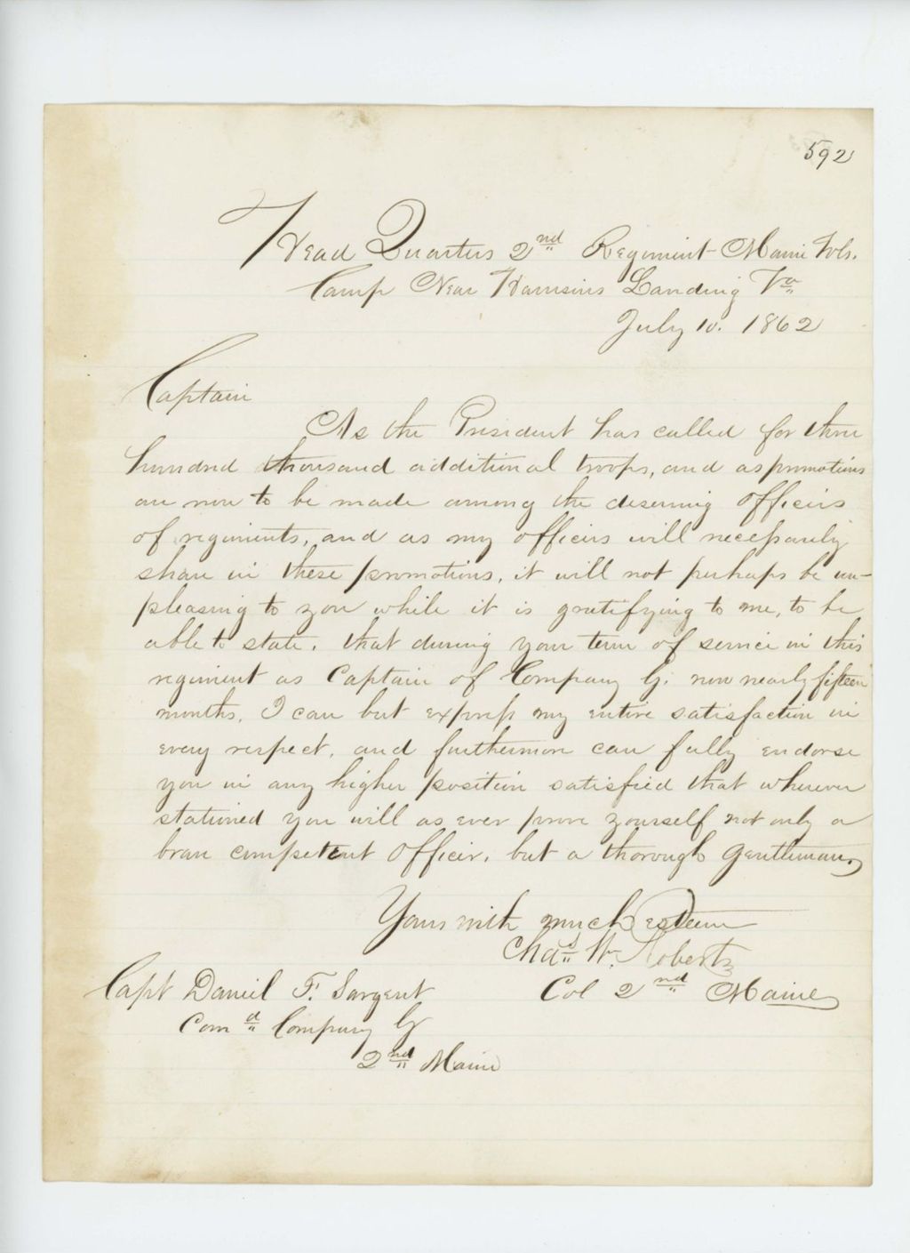 Miniature of Colonel Charles Roberts recommends Captain Daniel F. Sargent for promotion