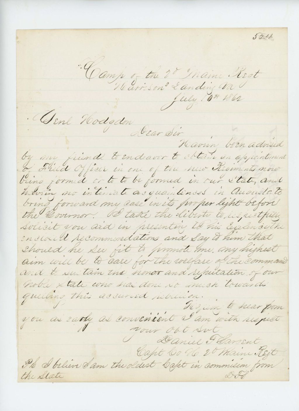 Miniature of Captain Daniel F. Sargent requests a recommendation from Adjutant General Hodsdon
