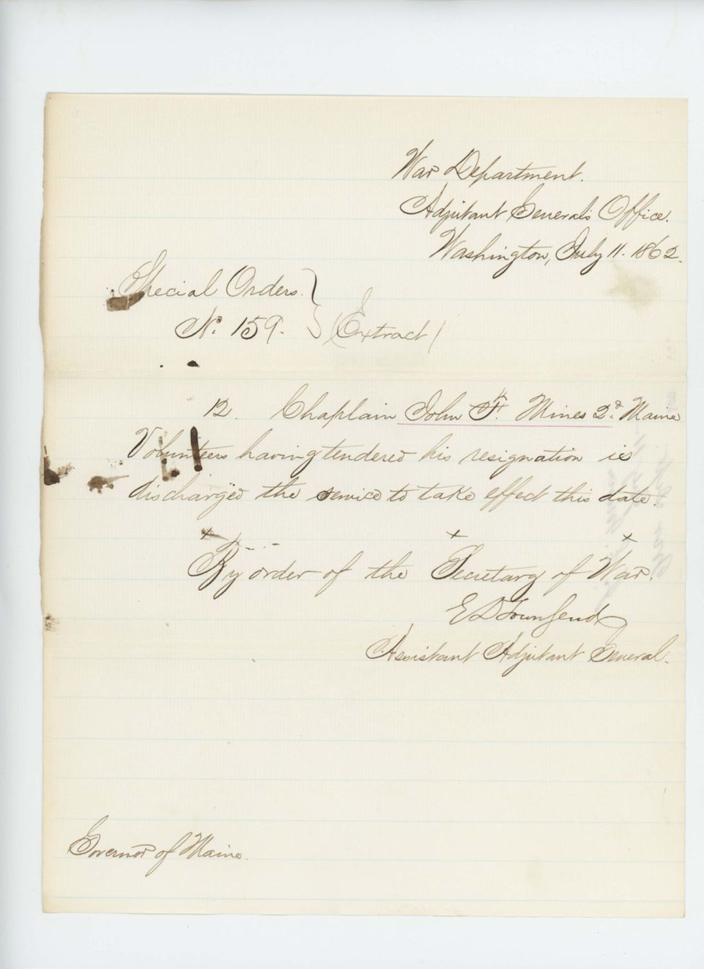 Miniature of Extract of Special Order 159 regarding the discharge of Reverend John F. Mines