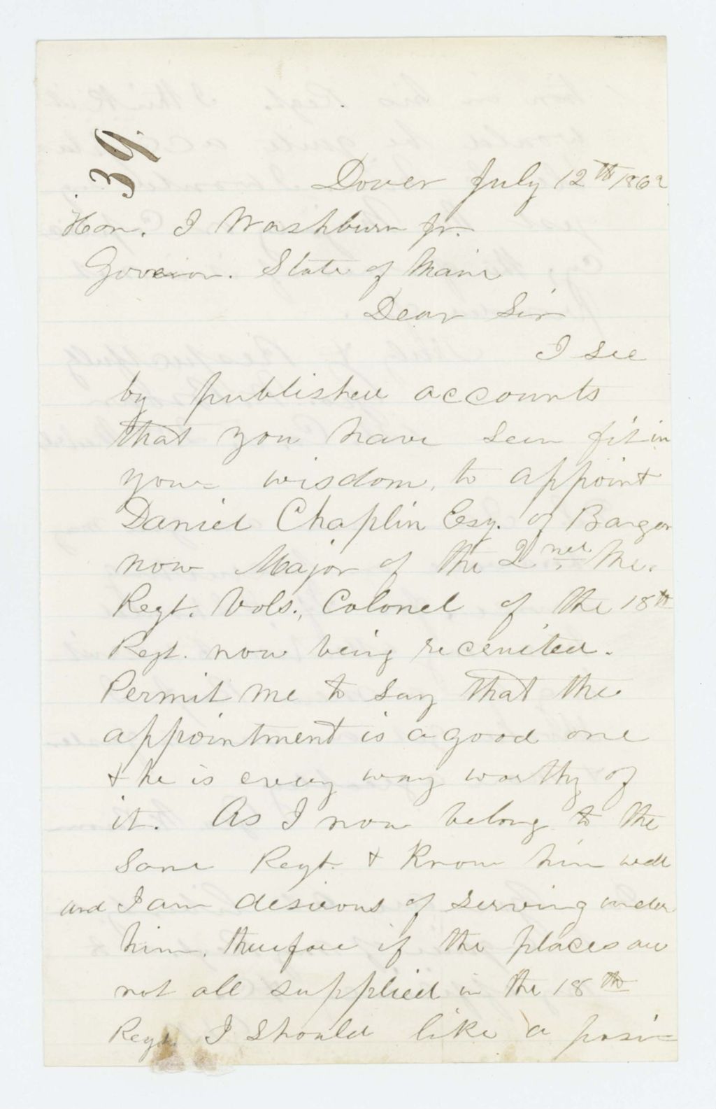 Miniature of George W. Brown supports the promotion of Major Daniel Chaplin to Colonel