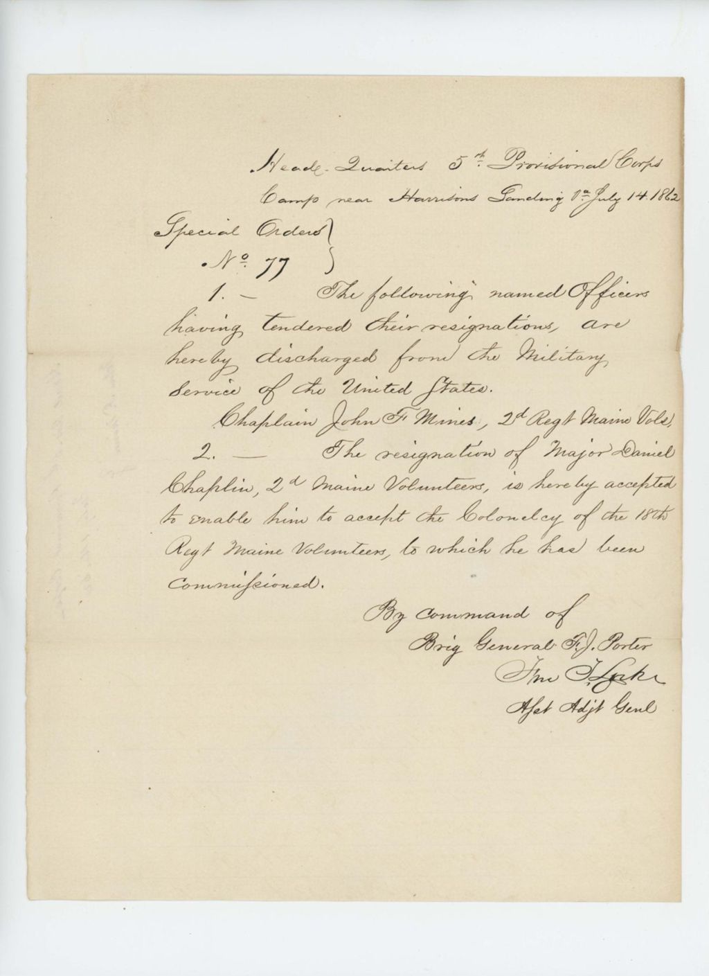 Miniature of Major General F.J. Porter regarding Special Order 77