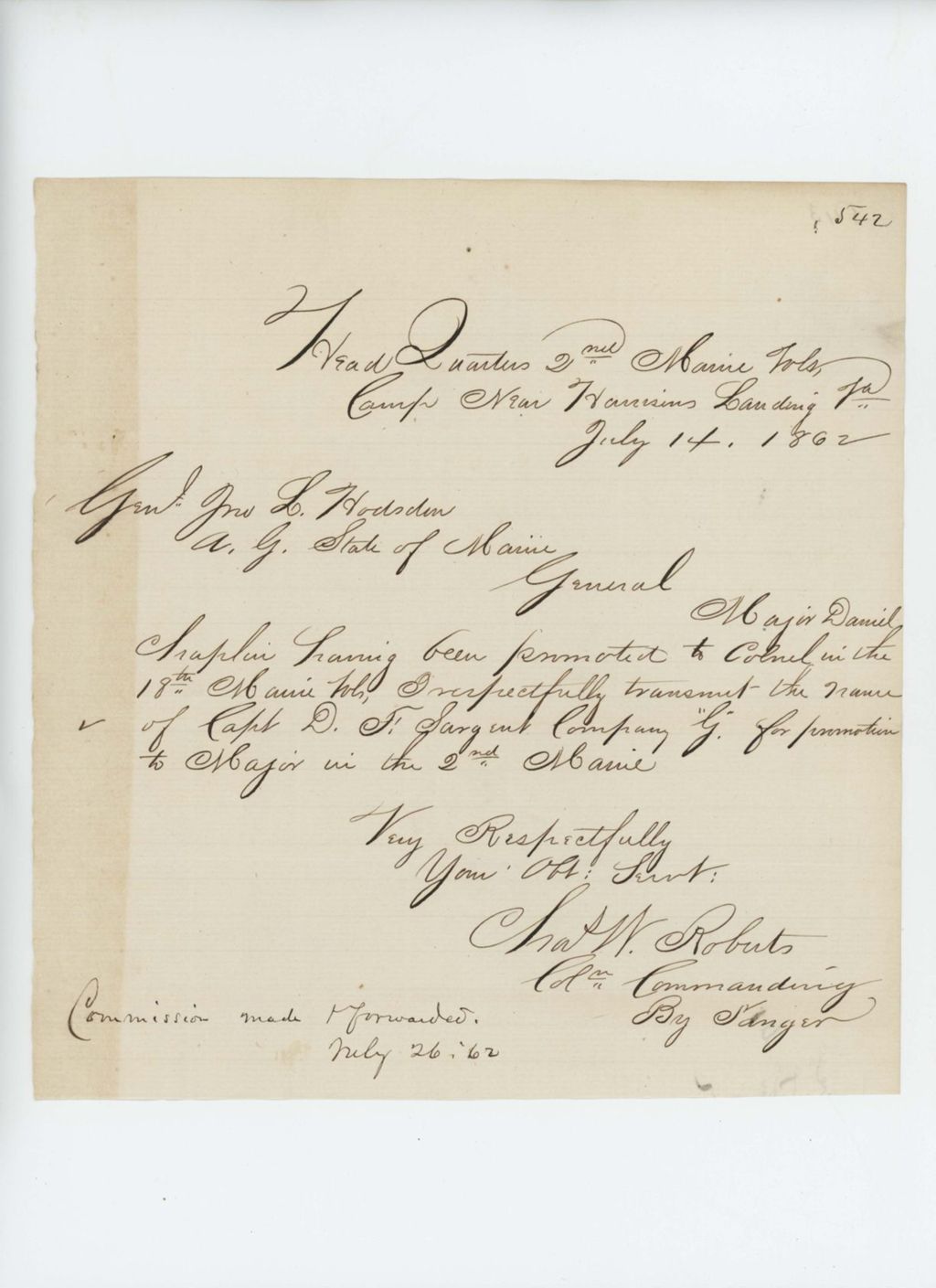Miniature of Colonel Charles Roberts recommends Daniel F. Sargent for promotion